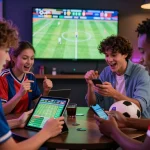 Betting enthusiasts actively engaging with OKFUN on devices in a lively atmosphere.