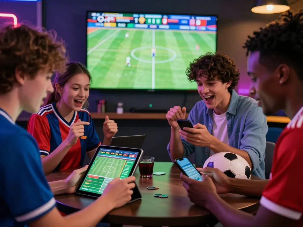 Betting enthusiasts actively engaging with OKFUN on devices in a lively atmosphere.