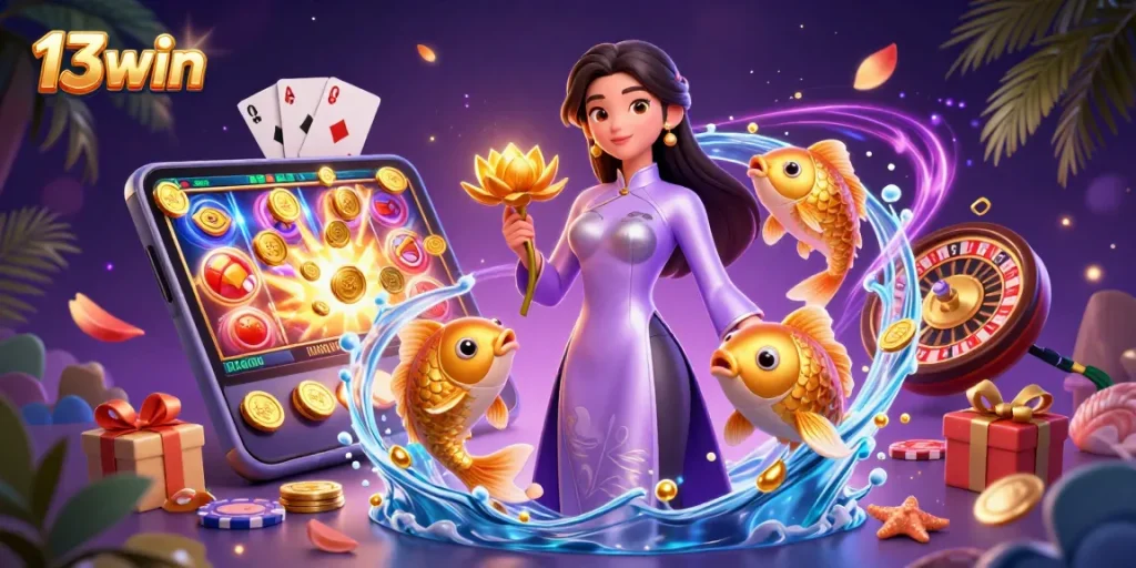 Engage with 13win's dynamic casino scene featuring an elegant woman and playful koi fish.