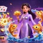 Engage with 13win's dynamic casino scene featuring an elegant woman and playful koi fish.