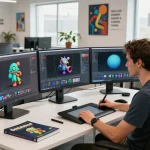 Creating stunning 3D models from text prompts in a vibrant tech workspace