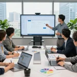 Collaborative team meeting using wps官网 in an innovative office setting.