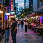 Exploring nsfw nightlife with friends in vibrant urban entertainment district.