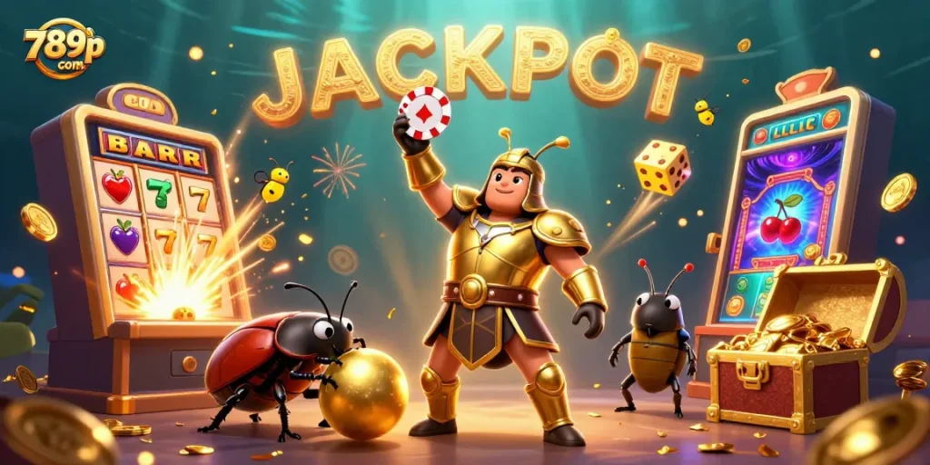 Engage with 789p com's thrilling games as our heroic beetles celebrate a jackpot in this vibrant casino scene.