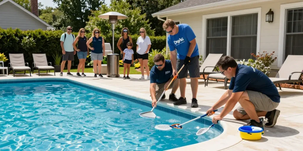 Dolphin Pool Services professionals providing pool maintenance at a Virginia residence, emphasizing quality care and expertise.