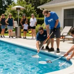 Dolphin Pool Services professionals providing pool maintenance at a Virginia residence, emphasizing quality care and expertise.