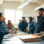 Trainees participating in construction training programs, engaged with modern tools in a bright classroom setting.