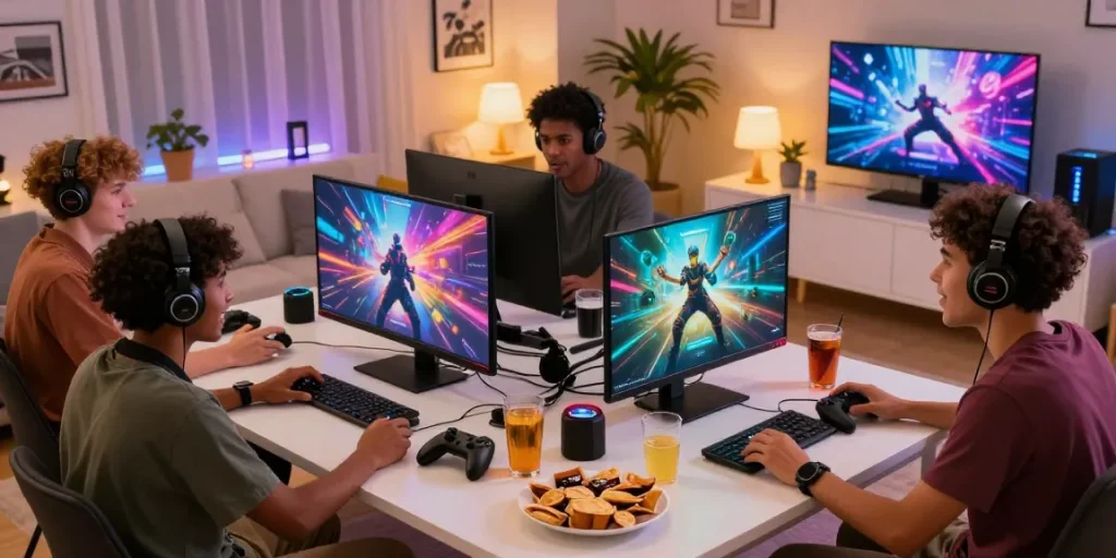 Friends enjoying exciting adult games online in a vibrant gaming atmosphere