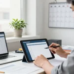 Efficient contractor using handyman scheduling software in a modern office.