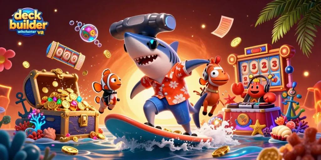 Engage with deck builder winchester va as a shark surfs gold with colorful slot reels exploding.