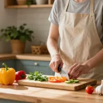 Bamboo cutting boards in a bright kitchen scene, showcasing joyful food preparation with fresh vegetables.