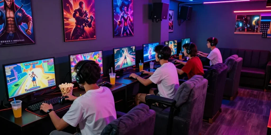 Engaging adults enjoying nsfw games in a colorful gaming lounge.