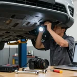 Inspecting a car in a garage for the best car history check UK before purchase