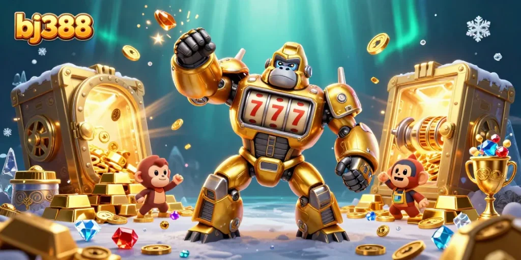 Engage with bj388's thrilling gaming experience featuring a golden gorilla mech in an explosive casino environment.