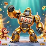 Engage with bj388's thrilling gaming experience featuring a golden gorilla mech in an explosive casino environment.