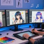 Artist creating ai ecchi illustrations in a vibrant digital studio environment