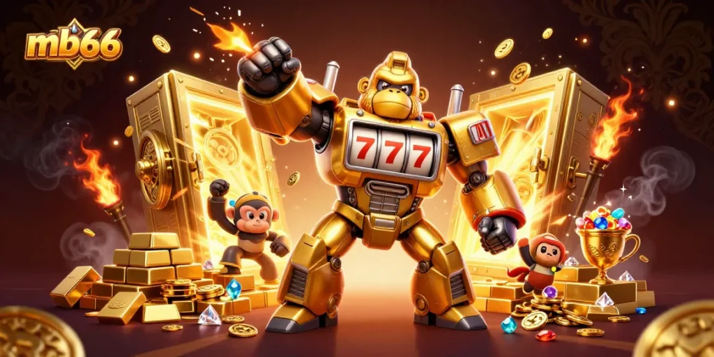 Win big at mb66 with this captivating 3D illustration of a golden gorilla mech and treasure