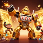 Win big at mb66 with this captivating 3D illustration of a golden gorilla mech and treasure