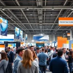 Attendees networking at construction events in a vibrant convention setting.