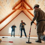 Spray foam removal near me by professionals in a well-lit attic environment.