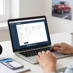 Checking the best car history check UK with Carpeep in a modern home office.