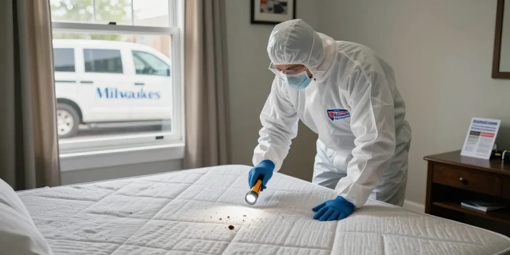 Bed bug pest control expert inspecting a mattress in a Milwaukee home, showcasing professional tools and a clean environment.