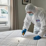 Bed bug pest control expert inspecting a mattress in a Milwaukee home, showcasing professional tools and a clean environment.