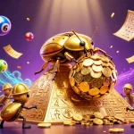Experience the thrill of winbd with a vibrant 3D illustration showcasing a massive golden dung beetle rolling coins amidst dynamic lottery elements.