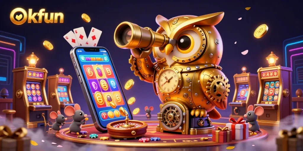 okfun's golden owl oversees a lively casino filled with slot games and exciting elements.