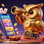 okfun's golden owl oversees a lively casino filled with slot games and exciting elements.