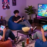Group enjoying hentaigames in a cozy gaming den filled with vibrant anime décor.