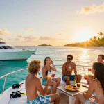 Punta Cana yacht rental with friends enjoying drinks on a private yacht at sunset, surrounded by snorkeling gear and tropical scenery.
