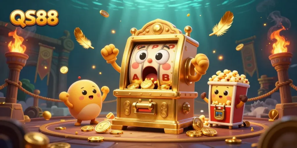QS88 depicts a golden slot machine hitting the jackpot amidst cheering companions and dynamic gambling elements.