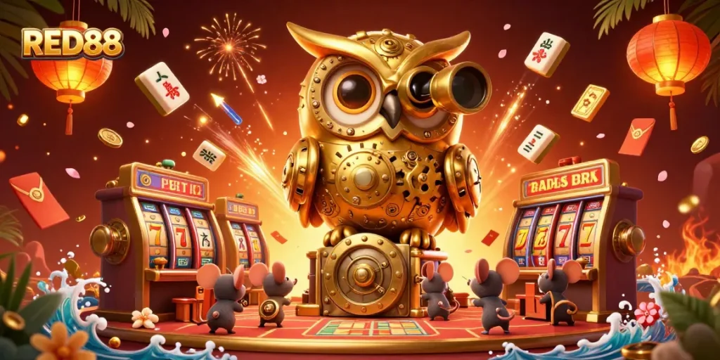 Engage with the thrilling world of RED88 casino through a vibrant 3D illustration featuring an owl and charming mice amidst action-packed gambling elements.