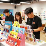 Custom acrylic keychain shopping experience with vibrant display, friendly interactions, and colorful designs.