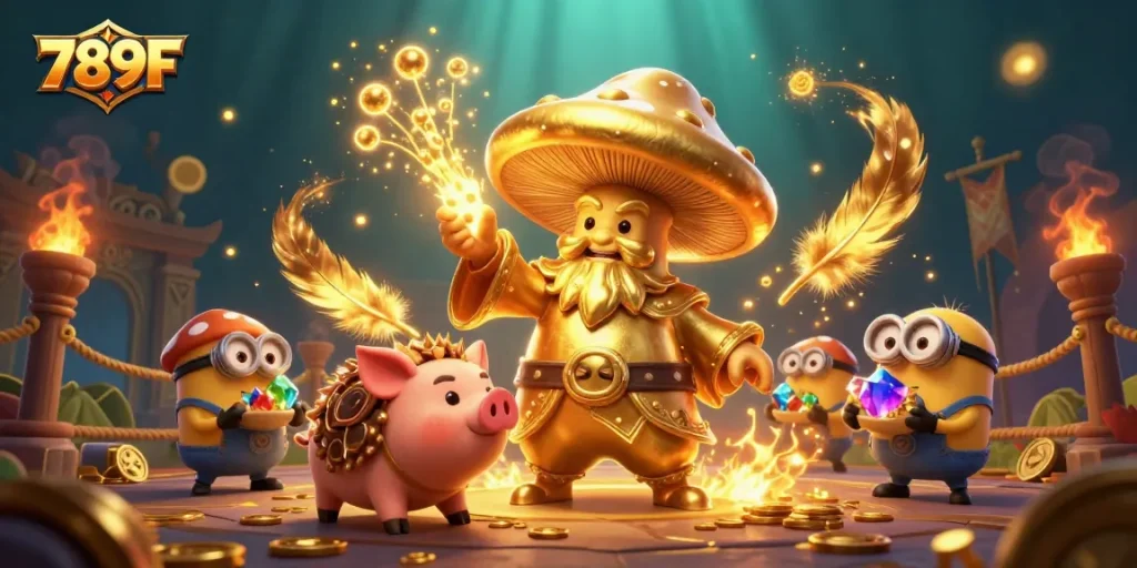 Experience thrilling gameplay at 789F with golden winnings and magical treasures in this vibrant casino scene.