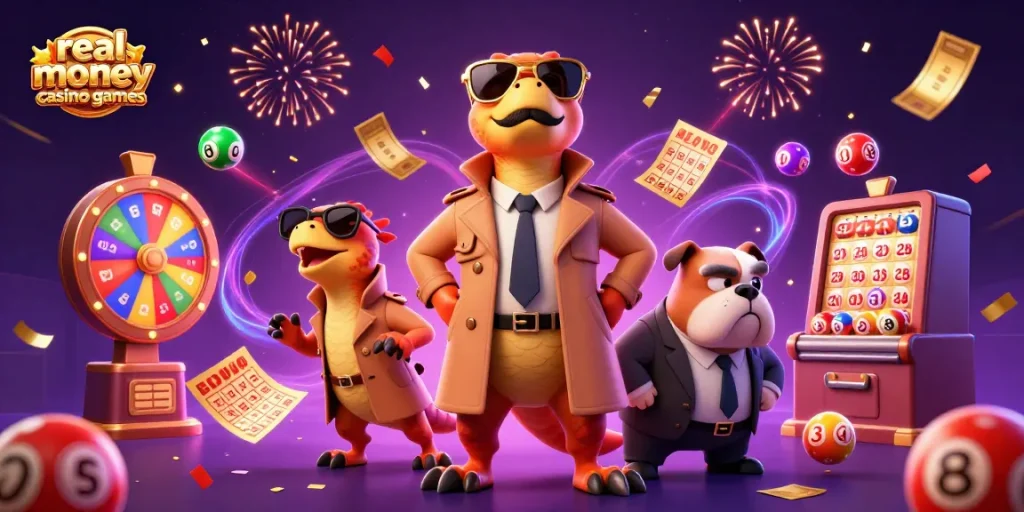 Dynamic scene of raptors in a trench coat entering a casino, showcasing real money casino games excitement.