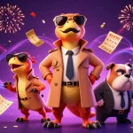 Dynamic scene of raptors in a trench coat entering a casino, showcasing real money casino games excitement.