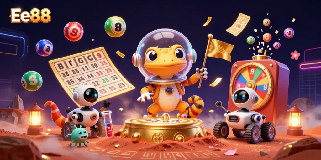 Win big at Ee88 with a vibrant 3D scene showcasing a Martian gecko at a golden casino.