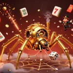 Engage with LUCK8 COM: 3D illustration featuring a golden spider and fly gentleman in a casino web.