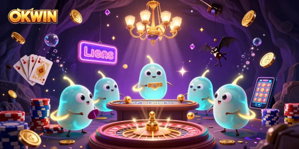 Experience the vibrant OKWIN casino environment with glowing characters and dynamic gaming elements.