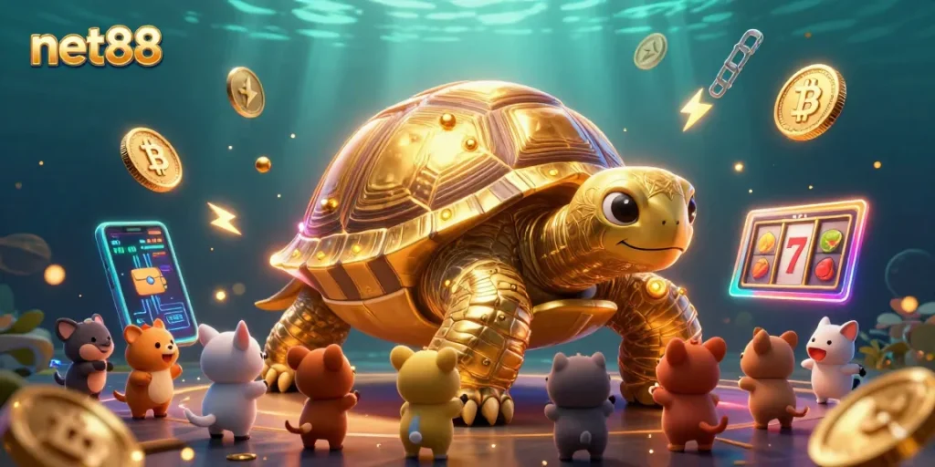 Engage with net88's vibrant casino world featuring a colossal tortoise pinball machine.