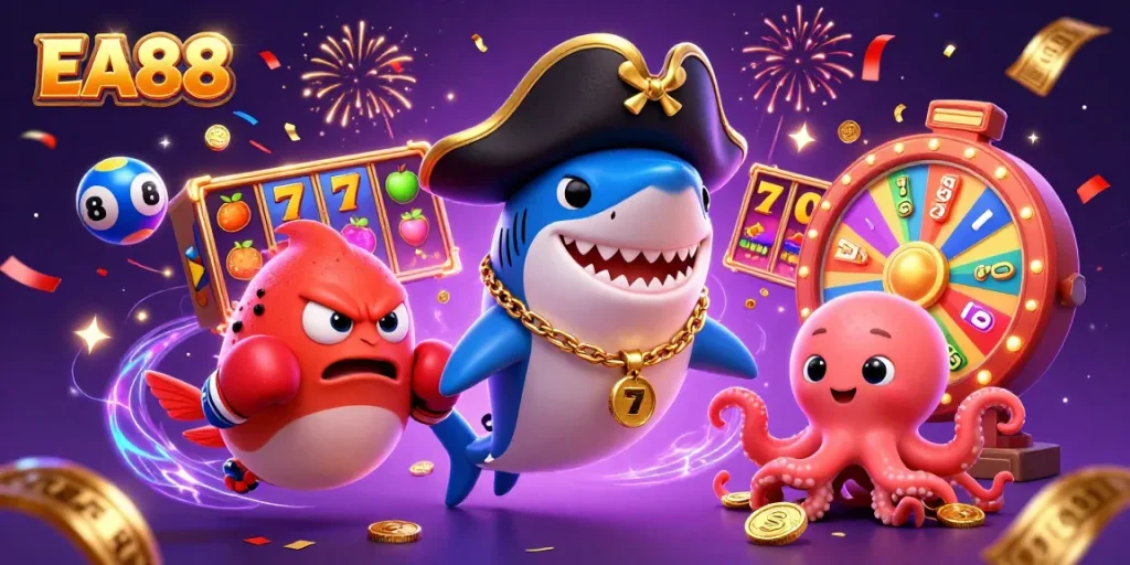 Experience EA88 with thrilling slot reels and colorful lottery elements in this exciting illustration.
