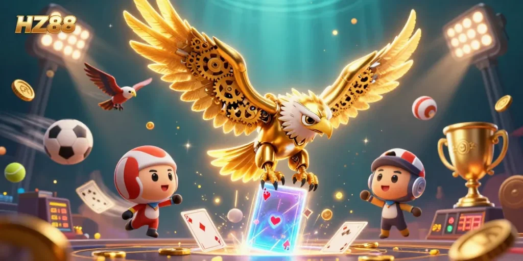 Experience the thrill at HZ88 with an illustrated cybernetic eagle surrounded by vibrant casino elements.