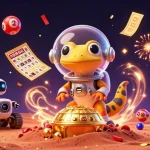 Catch the excitement of xoilac with a Martian gecko discovering a golden casino amidst vibrant gaming elements.