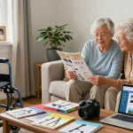 Buy nobility aids: elderly couple exploring mobility aid options in a cozy living room, surrounded by catalogs and online resources.