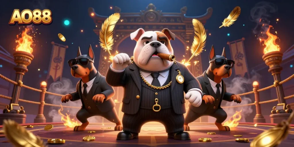 Experience thrilling gaming at AO88 with a mafia-themed illustration showcasing excitement and luxury.