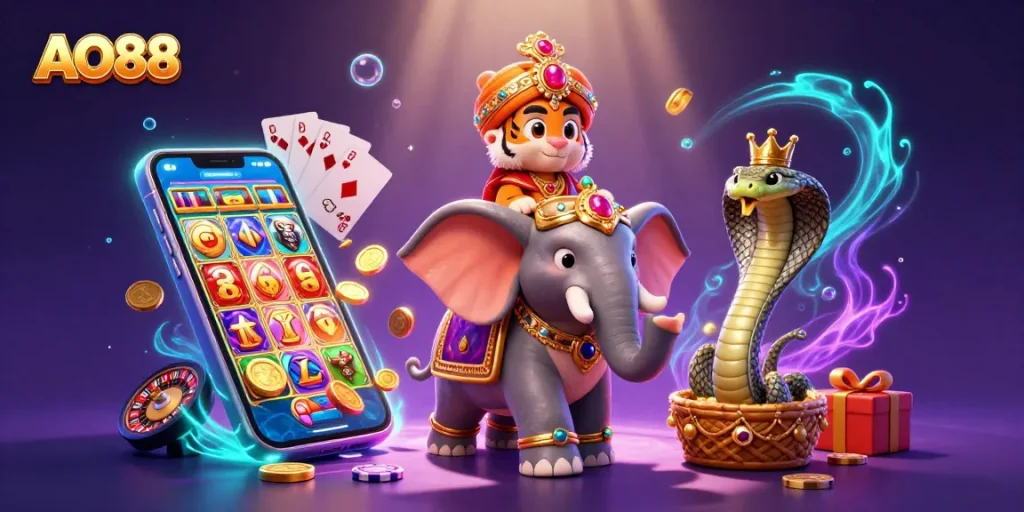 Experience AO88’s enchanting world with a captivating tiger, jewel-encrusted elephant, and dynamic casino elements.