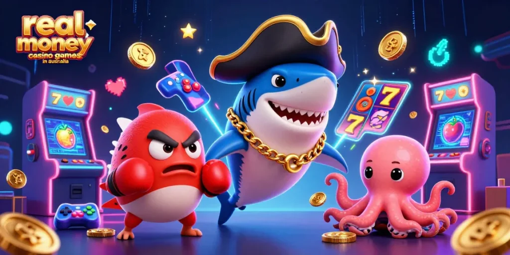 Experience real money casino games in Australia with a dynamic illustration featuring unique sea characters.