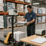 Manual pallet truck with scale and printer in Texas used for efficient inventory management in a busy warehouse setting.
